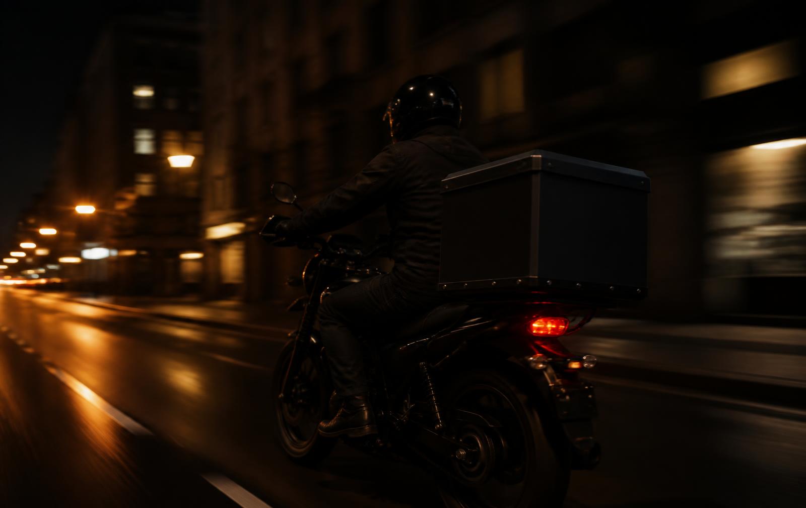 Motociclista em via urbana à noite